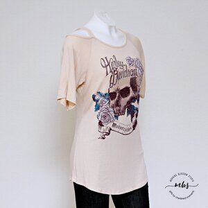 Harley‎ Davidson Rhinestones Rose & Skull Asymmetric Cold Shoulder Top